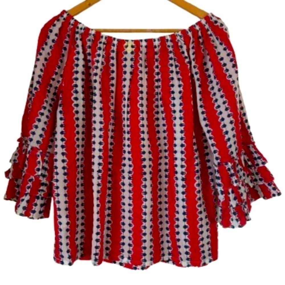 Roller Rabbit off the shldr rd blu & wht cottn blouse w ruffl slvs SZ S colorful - Picture 2 of 5